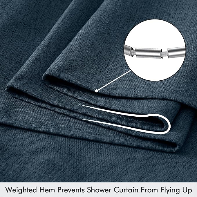 ANRODUO Navy Blue Extra Long Linen Fabric Shower Curtain Set - W72xL96 | Farmhouse Shower Curtain with 12 Metal Hooks, Waterproof Heavy Duty, Button Hole Design, Machine Washable for Bathroom