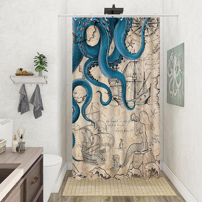Fungarth Stall Vintage Nautical Octopus Shower Curtain Navy Blue Mermaid Funny Ocean Kraken Shower Curtains for Bathroom Cool Anchor Coastal Map Waterproof Fabric Bath Curtain Decor (Retro, 36” x 72”)