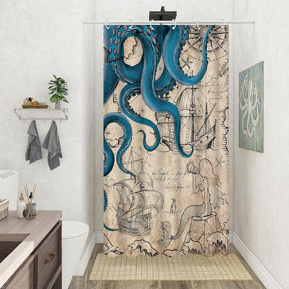 Fungarth Stall Vintage Nautical Octopus Shower Curtain Navy Blue Mermaid Funny Ocean Kraken Shower Curtains for Bathroom Cool Anchor Coastal Map Waterproof Fabric Bath Curtain Decor (Retro, 36” x 72”)