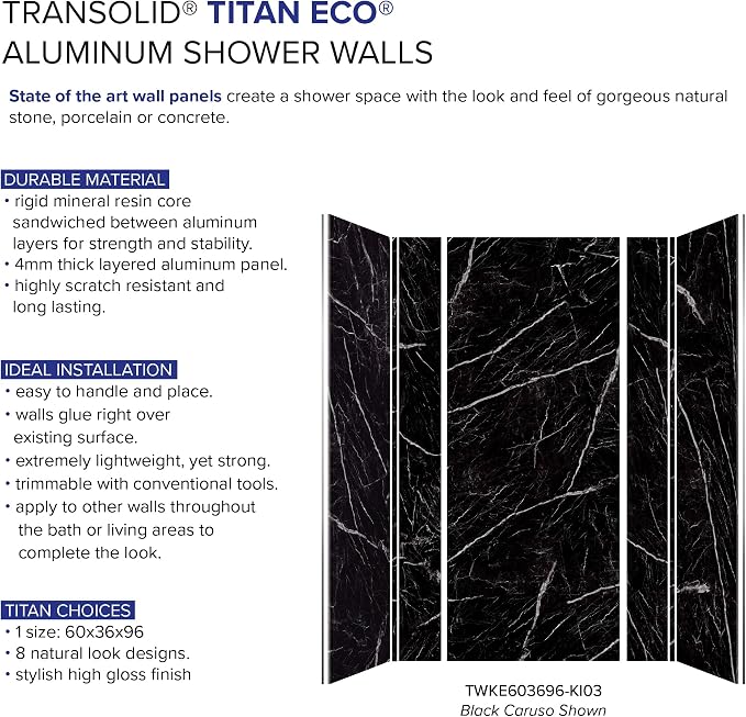 Transolid TWKE603696-KI03G Titan 60-in x 36-in x 96-in Eco Shower Wall Kit, Black Caruso (Glossy)