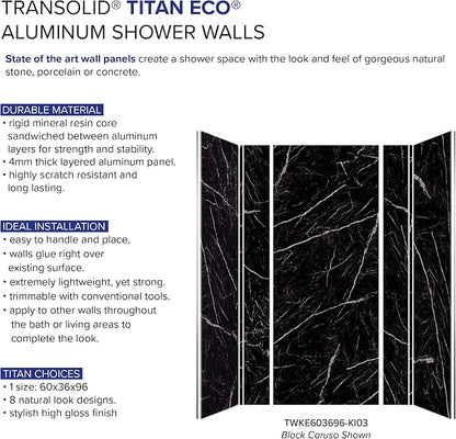 Transolid TWKE603696-KI03G Titan 60-in x 36-in x 96-in Eco Shower Wall Kit, Black Caruso (Glossy)