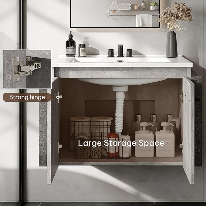 YITAHOME 24 Inch Floating Bathroom Vanity with Sink, Grey Wall Mounted Modern Bathroom Vanity, Bathroom Cabinet Vanity with Double Extra Large Doors