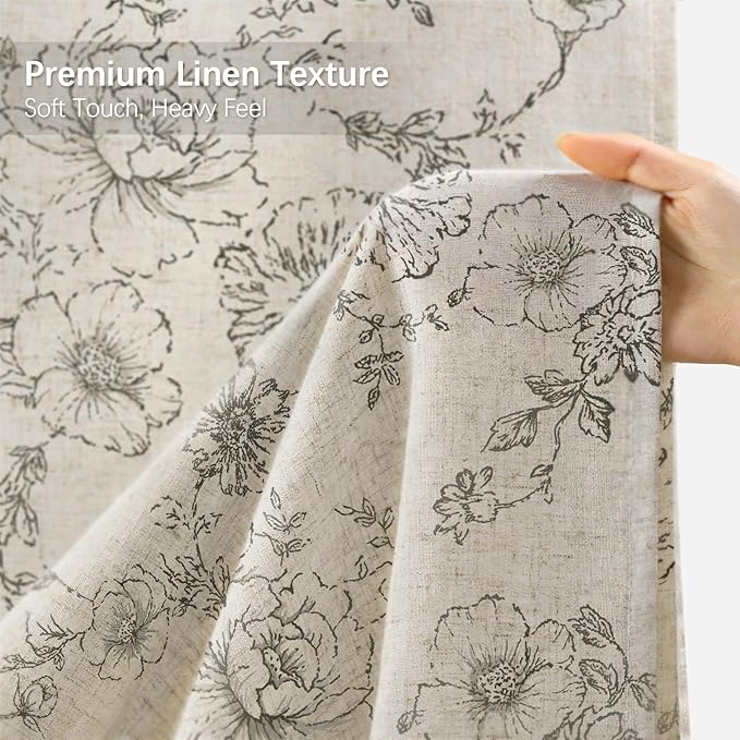 Farmhouse Floral Linen Shower Curtain, Vintage Grey Pattern Rustic Shower Curtains for Bathroom, Tan Taupe,Gray,72x78