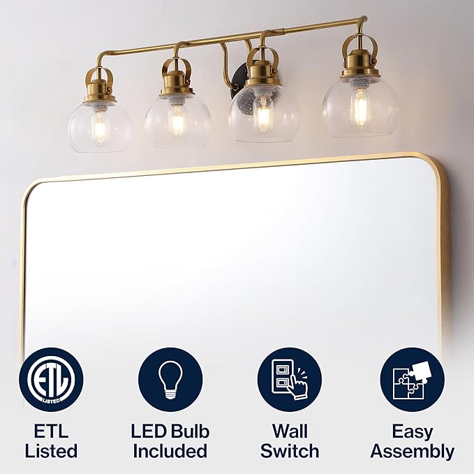 JONATHAN Y 34" Brass Gold/Oil Rubbed Bronze Shirley 4-Light Bathroom Vanity Light, Metal Wall Sconce, Clear Seeded Glass Shade, Modern Transitional Farmhouse Fixture, LED Bulbs Included (JYL7406B)