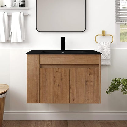 Goujxcy 30" Wall Mounted Bathroom Vanity with Sink, Modern Floating Bathroom Cabinet with Black Ceramic Basin and Storage Cabinet/Shelf, Soft-Closing Door Wood Hanging Bath Room Cabinets