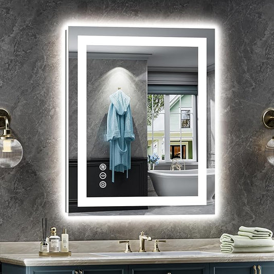 24x32 Inch LED Bathroom Mirror with Lights, Backlit & Front Lit, Anti-Fog Lighted Bathroom Vanity Mirror for Wall, Memory Function, Dimmable, HD Tempered Glass, Shatter-Proof