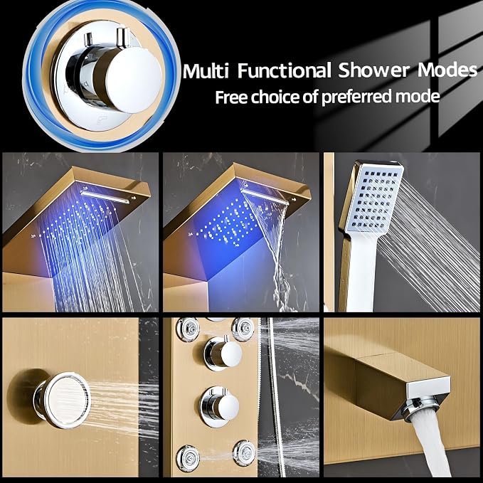 LED 5-in-1 Shower Panel Tower System,Brushed Gold | 304 Stainless Steel Shower Panel Tower Column with Powerful Body Jets, Rainfall, Waterfall,Handheld and Tub Spout