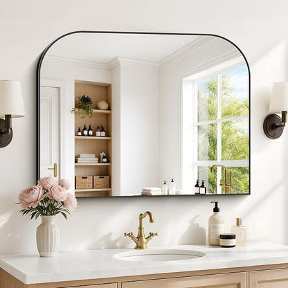 YIROMAN Bathroom Mirrors for Over Sink,36"x28" Black Bathroom Vanity Mirror | Thin Brushed Aluminum Frame,HD tempered glass, Rectangular,Rounded & Right-angle Corners,Sink,Entryway,Bedroom