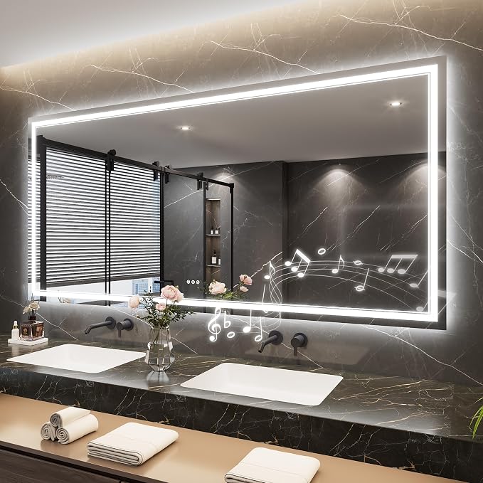 Keonjinn 84" x 40" LED Bathroom Mirror with Lights, Bluetooth Speaker | Frontlit & Backlit Bluetooth Mirror Bathroom, 3-Color Temperatures, Tempered Glass, Dimmable, Fast & Safe Defogging, CRI90+