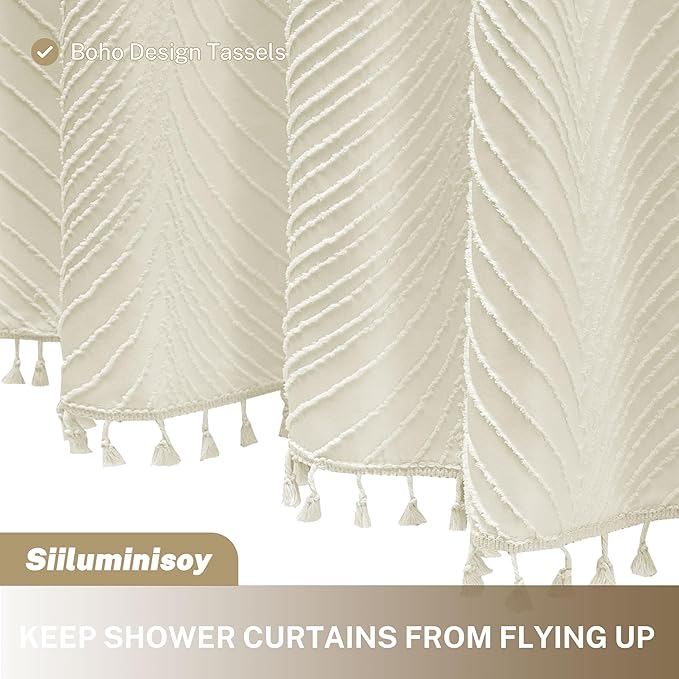 Beige Boho Woven Fabric Shower Curtain, 72 x 72 Tufted Leaves Textured Striped Modern Farmhouse Minimalist Cloth Curtain for Bathroom