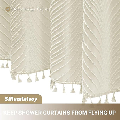 Beige Boho Woven Fabric Shower Curtain, 72 x 72 Tufted Leaves Textured Striped Modern Farmhouse Minimalist Cloth Curtain for Bathroom