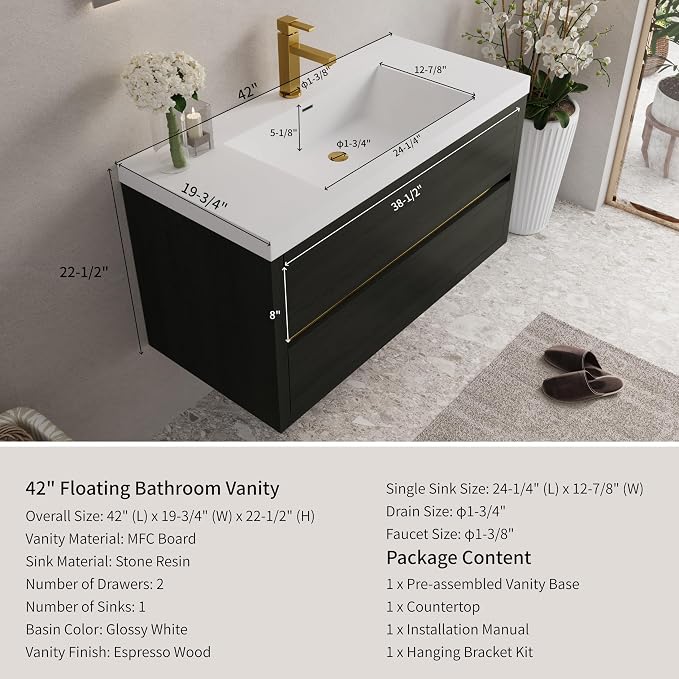 42" Floating Bathroom Vanity with Sink, Wall-Mounted Bathroom Storage Vanity Cabinet with Resin Top Basin and Soft Close Drawers, Fully Assembled, Espresso Wood