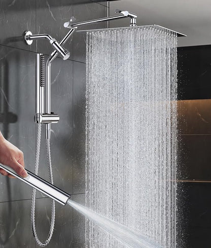 Veken All Metal 12" Luxurious Shower Head with Handheld,Full Body Coverage | Large Detachable 12" Square Rain Showerhead,Dual High Pressure Shower Heads Combo,Power Jet,Overhead Waterfall,Chrome,Silver