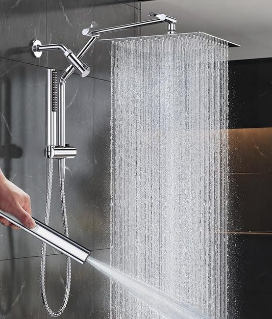 Veken All Metal 12" Luxurious Shower Head with Handheld,Full Body Coverage | Large Detachable 12" Square Rain Showerhead,Dual High Pressure Shower Heads Combo,Power Jet,Overhead Waterfall,Chrome,Silver