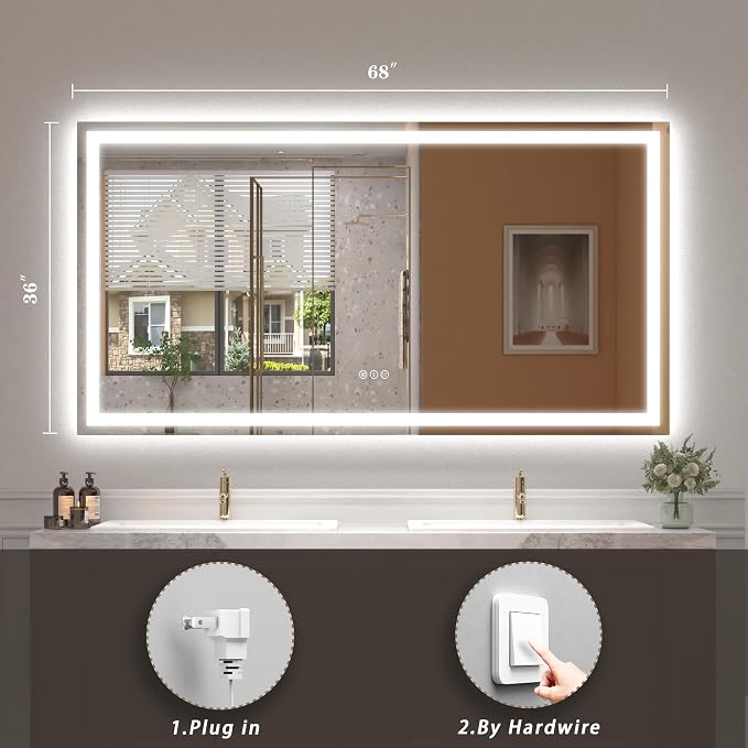 68x36 LED Lighted Bathroom Mirror for Vanity Wall | Front Light and Backlit, Anti-Fog, Memory, 3 Color, Tempered Glass, Dimmable, Rectangular, UL, Horizontal/ Vertical Mounted