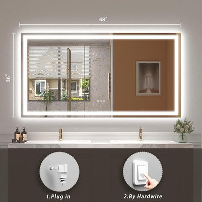 68x36 LED Lighted Bathroom Mirror for Vanity Wall | Front Light and Backlit, Anti-Fog, Memory, 3 Color, Tempered Glass, Dimmable, Rectangular, UL, Horizontal/ Vertical Mounted
