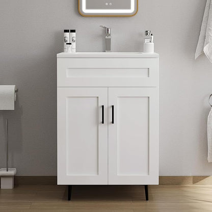 24 Inch Bathroom Vanity with Sink, Modern Wooden Freestanding Bathroom Storage Cabinet with 2 Doors and 1 Drawer, Metal Legs, Painted Surface, White