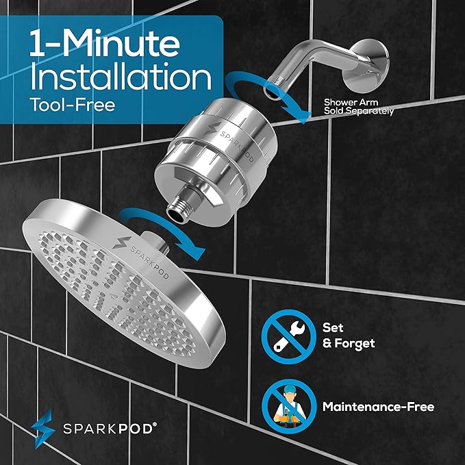 SparkPod Filtered Shower Head, 23-Stage, 6" Round, Polished Chrome | Showerhead for Hard Water, High Pressure, Reduces Chlorine, Heavy Metals, For Dry Skin & Hair, Removable Capsule Filter