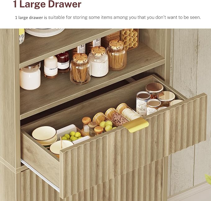 TEENFON Tall Storage Cabinet with Adjustable Shelf & Drawer, Fluted Cabinet with Doors, Kitchen Pantry Cabinets, Bathroom Storage Cabinets, for Living Room, Entryway, Home Office, Natural