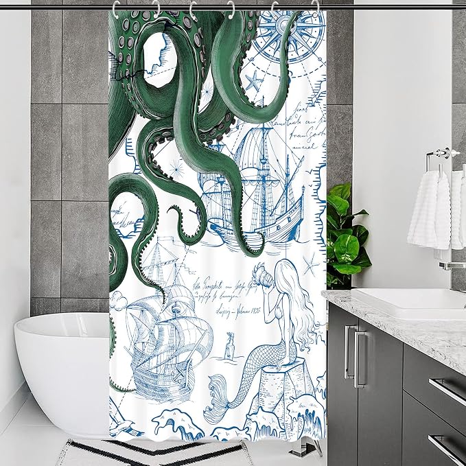 Fungarth Stall Green Nautical Octopus Shower Curtain Navy Blue Mermaid Funny Ocean Kraken Shower Curtains for Bathroom Cool Anchor Coastal Map Waterproof Fabric Bath Curtain Decor (Green, 36” x 72”)