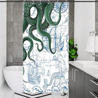 Fungarth Stall Green Nautical Octopus Shower Curtain Navy Blue Mermaid Funny Ocean Kraken Shower Curtains for Bathroom Cool Anchor Coastal Map Waterproof Fabric Bath Curtain Decor (Green, 36” x 72”)