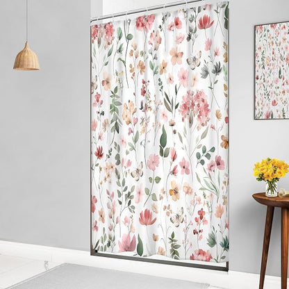 Pink Blush Coral Flower Floral Narrow Leaves Bathroom Shower Curtain Set | 48"W x 72"H Wildflower Plants; waterproof HD print, quick-dry fabric and plastic hooks for easy setup.