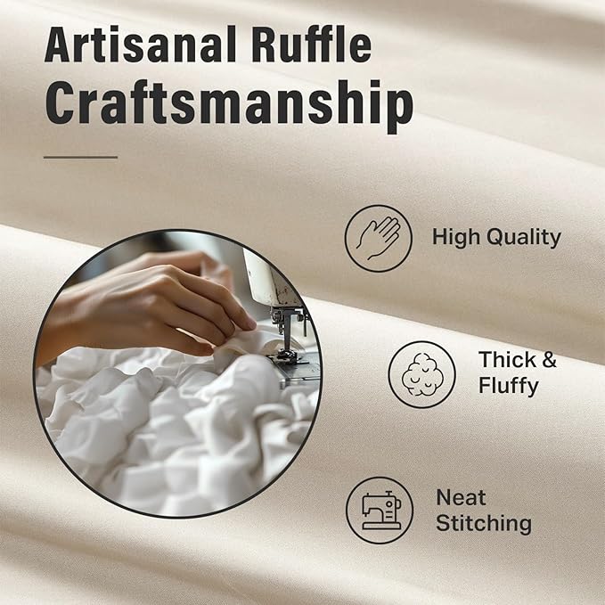 Seasonwood Beige Ruffle Shower Curtain Neutral Shower Curtain 72 x 78 | Natural button accents, layered fabric tiers, shabby chic and French country styling for decorative bathroom updates