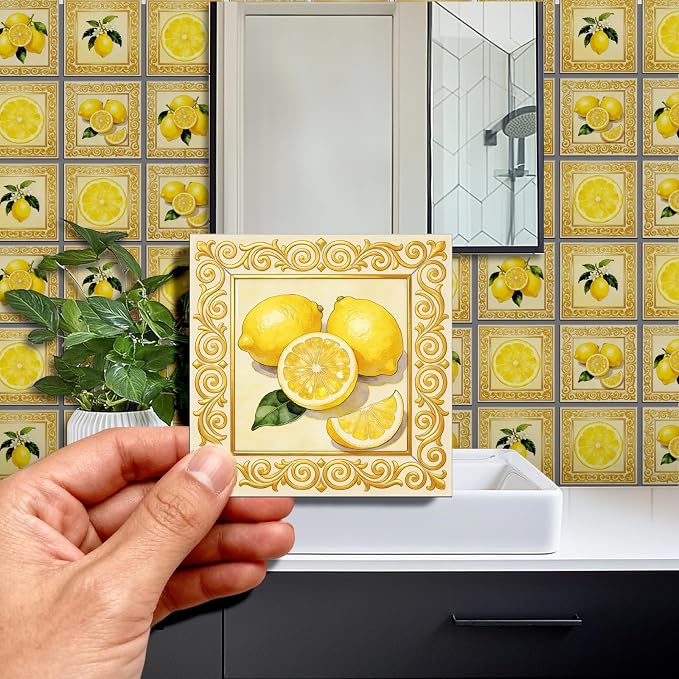 36 Pcs 4 Styles Retro Lemon Patten Tile Sticker Lemon Blossom Patten Wall Tile Stickers Waterproof Self Adhesive Stick on Decals for Kitchen Bathroom Wall Art 4×4 Inch