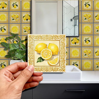 36 Pcs 4 Styles Retro Lemon Patten Tile Sticker Lemon Blossom Patten Wall Tile Stickers Waterproof Self Adhesive Stick on Decals for Kitchen Bathroom Wall Art 4×4 Inch