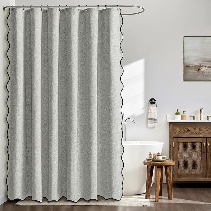 MIULEE Light Grey Scalloped Linen Shower Curtain 72x72 Inches | Linen Textured, Waterproof, Washable, 12 Metal Hooks, Heavy Duty Cloth, Black Border, Shower Curtain for Bathroom Bathtub
