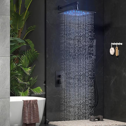 Aolemi Shower Faucet Set with Valve Handheld 16" LED Head Matte Black | Handheld Spray,16 Inch Rain LED Head,Valve and Trim Kit,All Metal,Wall Mount Shower System,Bathroom Mixer