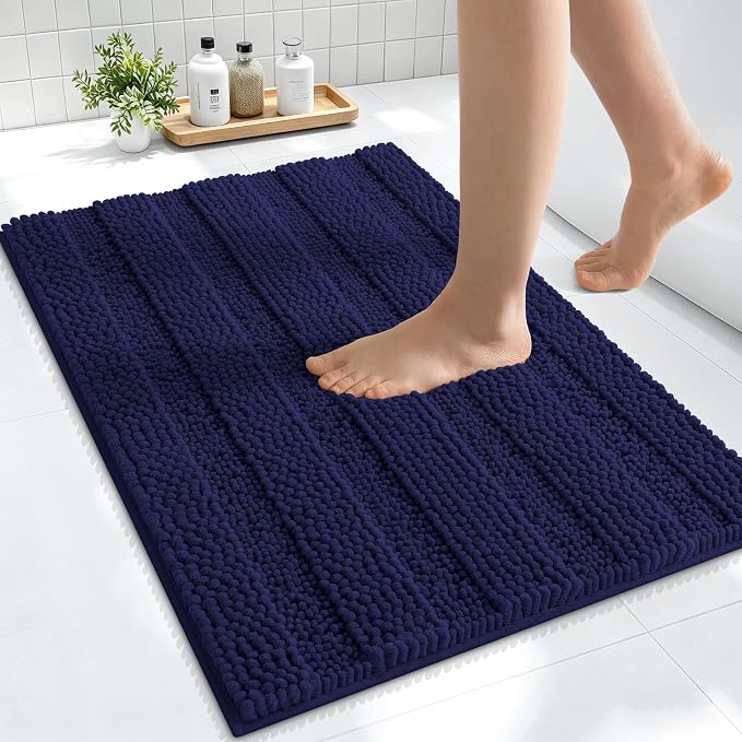 Smiry Thick Small Chenille Bathroom Rugs 24x16, Bath Mat, Twilight Sapphire | Quick‑Dry & Machine Washable, Non‑Slip Bath Carpet, Soft Striped Bath Rugs for Tub & Shower, Modern Home Decor Accessories