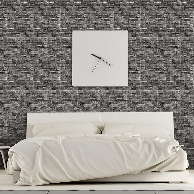 30 Pcs 3D Wall Panels Peel and Stick Wallpaper Foam, Grey Stone | Faux Brick Stone Tiles, Covering 28.8-48.4 Sq ft, Self Adhesive Waterproof Panels for Bedroom Living Room Kitchen Walls