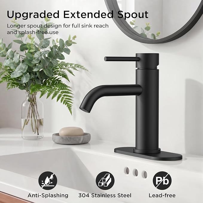 FORIOUS Bathroom Faucet 1 Hole, Black Single Handle Vainty Sink Faucets | for 1 or 3 Hole 4 Inch Centerset Sink, with Pop-up Drain, NSF61 Certificate, for Rv Commercial Lavatory Restroom Basin