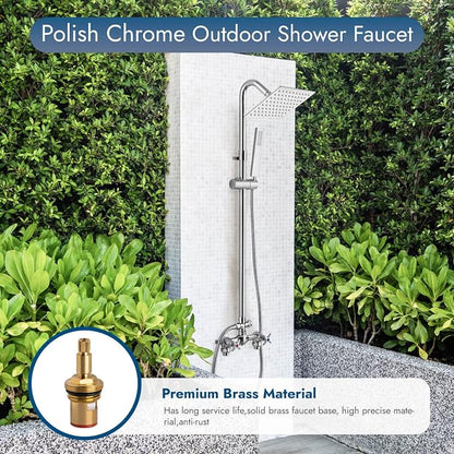 Wall Mounted Outdoor Shower Kit,Outdoor Shower Faucet,Polish Chrome | 6-Inch Square Rainfall Shower Head with Handheld Spray, Adjustable Slide Bar & Dual Function Design for Flexible Outdoor Use