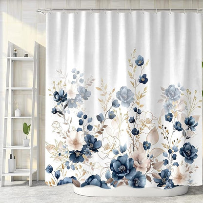 Sanzugh Navy Blue and Gold Flower Shower Curtain, Boho Watercolor Floral Leaves Cute Fabric Shower Curtains Set for Bathroom Decorative with Hooks 72 X 83 inch Beautiful Bath Decor