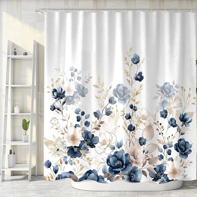 Sanzugh Navy Blue and Gold Flower Shower Curtain, Boho Watercolor Floral Leaves Cute Fabric Shower Curtains Set for Bathroom Decorative with Hooks 72 X 72 inch Beautiful Bath Decor