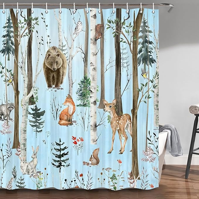 JAWO Rustic Forest Winter Shower Curtain for Bathroom, Country Hunting Bear Deer Wild Animals Farmhouse Christmas Shower Curtains, Cabin Nature Bathroom Set with Hooks, 70X70 Inch, Blue