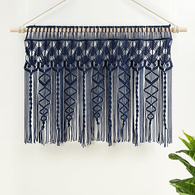 Lush Decor Boho Macrame Textured Cotton Valance, 40" W x 30" L, Navy - Boho Kitchen Curtains & Wall Decor - Macrame Valance - Bathroom Window Curtains