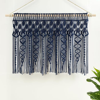 Lush Decor Boho Macrame Textured Cotton Valance, 40" W x 30" L, Navy - Boho Kitchen Curtains & Wall Decor - Macrame Valance - Bathroom Window Curtains