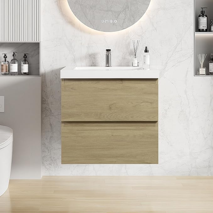 24 Inch Floating Bathroom Vanity with Sink, Large Storage Wall Mounted Floating Vanity with Soft Close Drawers, One-Piece Basin Bathroom Sink Cabinet (Natural Oak, 24")