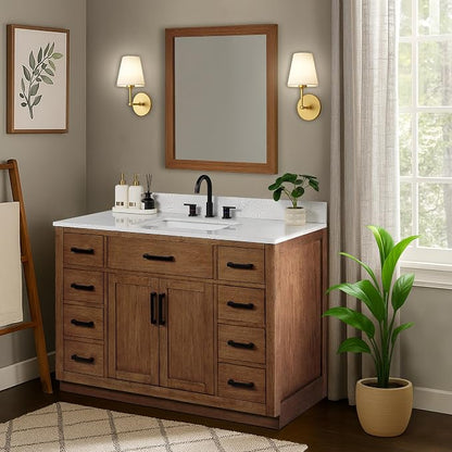 48-inch Dark Walnut Bathroom Vanity with Sink, Solid Wood, 0.79-inch Stone Countertop and Backsplash, 9 Drawers, 2 Soft Closing Doors