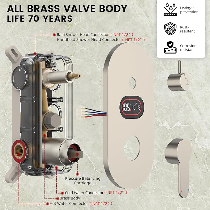 Longriver Round Shower Faucet Set with Hydro Power Temperature Display | Shower System 12" Shower Head with Handheld Spray, Wall Mounted Shower Fixtures with Shower Valve and Trim Kit-Brushed Nickel
