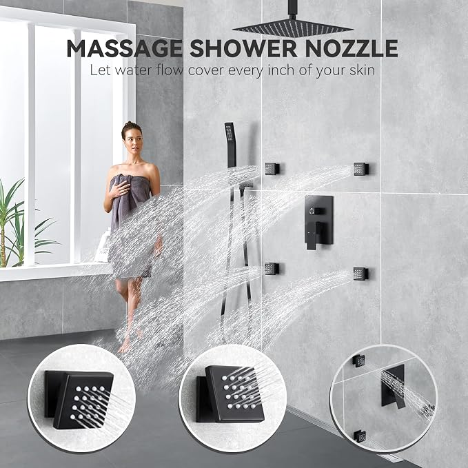 Rain Shower System With Complete 4 Pcs Body Sprays Jets And Pressured Balance Rough-in Valve,12Inch Rainfall Shower Head And Handheld, Modern Matte Black Ceiling Mount Shower Faucets Sets