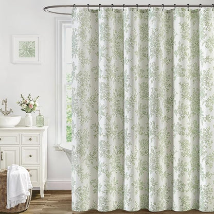 Spring Extra Long Sage Green Floral Shower Curtain W72*L96 Inches | Linen Textured Fabric, 12 Rustproof Metal Hooks, Wrinkle Resistant Cloth, Machine Washable, Bathroom Decor for Cottage Core
