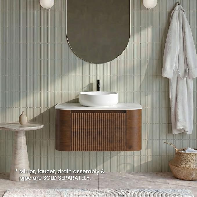 30" Preassembled Floating Bathroom Vanity with Round Sink, Walnut | Mid-Century Modern Style, Fluted & Soft-Close Drawer with U-shaped Wall, Sinterted Stone Countertop, Towel Rack Included