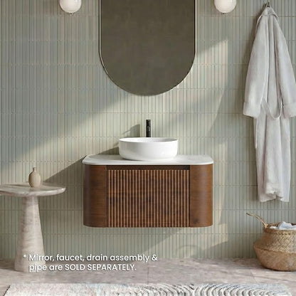 30" Preassembled Floating Bathroom Vanity with Round Sink, Walnut | Mid-Century Modern Style, Fluted & Soft-Close Drawer with U-shaped Wall, Sinterted Stone Countertop, Towel Rack Included