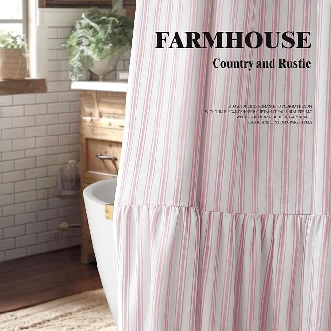 Farmhouse Shower Curtain Ruffle Linen White-Pink Stripe 72"W x 72"L | Farmhouse Boho, Striped, Bottom Ruffle, Cotton Fabric, Rustic, Country, Natural Look, Washable, for Bathroom Bathtub