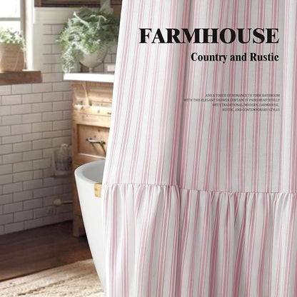 Farmhouse Shower Curtain Ruffle Linen White-Pink Stripe 72"W x 72"L | Farmhouse Boho, Striped, Bottom Ruffle, Cotton Fabric, Rustic, Country, Natural Look, Washable, for Bathroom Bathtub