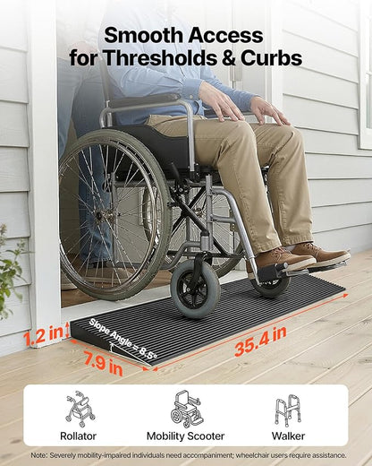 VEVOR 1.2" Rise Cuttable Threshold Ramp for Doorways, 35.4" Wide Natural Rubber Wheelchair Ramp, Non-Slip Solid Rubber Ramp with Double-Sided Tape for Doorways, Driveways, Bathroom, Smooth Tile